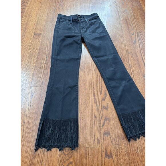 J Brand Selena Black Coated Cropped Lace Hem Mid-Rise Bootcut Boho Jeans Sz 24 - Picture 2 of 9